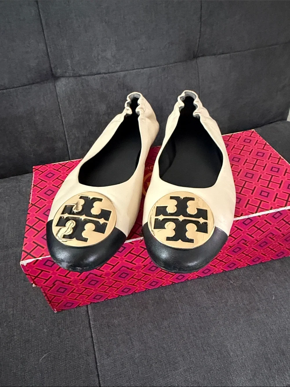 Tory Burch Two-Tone Beige and Black Logo Ballet Flats
